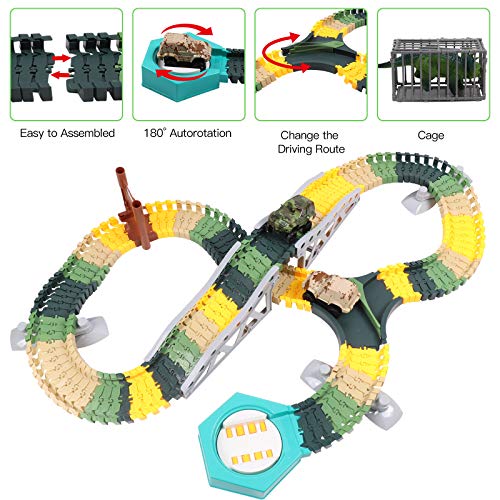 DigHealth 225 PCS Pista de Carreras Dinosaurios Set con Flexible Circuito Carrera, Coche de Carreras, Dinosaurios Juguetes, Soldados, Jaula y Árboles, Regalo de Cumpleaños para Niños 3-8 Años