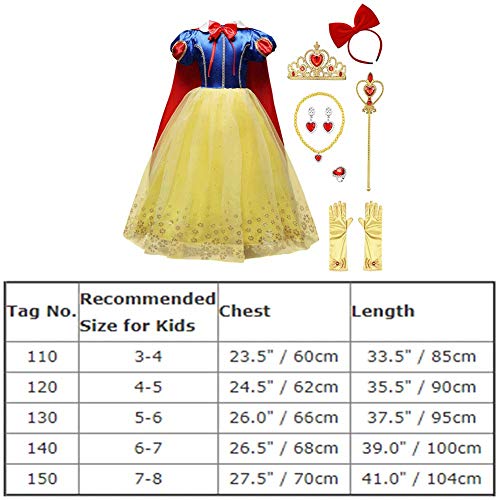 Disfraz de Blancanieves para Niña, Chica Vestido Largo Maxi con Accesorio Carnaval Halloween Navidad Cumpleaños Vestido de Fiesta Princesa Cuento de Hadas Traje de Cosplay Pageant Comunión 4-5 Años