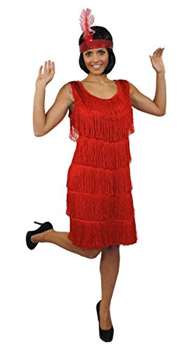 DISFRAZ DE FLAPPER DE LUJO PARA MUJER - VESTIDO CON FLECOS DE LOS AÑOS 20 EN ROJO CON UN TOCADO DE LENTEJUELAS DE PLUMAS A JUEGO DE LOS AÑOS 20 CHARLESTON - TALLA: X-GRANDE (EUR 44/46)