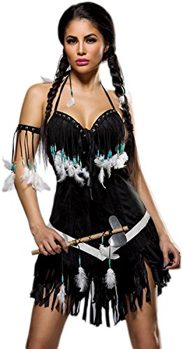 Disfraz de india bailarina, conjunto de india para carnaval con vestido y Dancing Squaw Disfraz – Carnaval indios Juego completo con vestido y tomahawk,-tallas S-XL (80048)