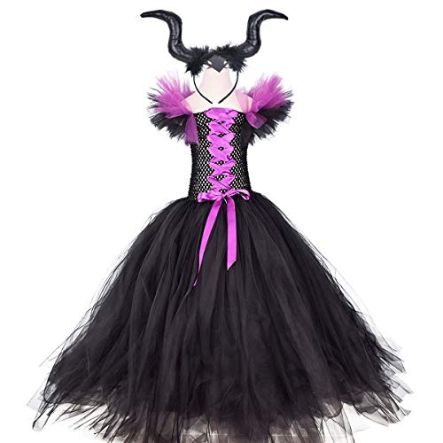Disfraz de princesa maléfica para niñas, vestido de tul y de punto hecho a mano con cuernos y alas de bruja malvada para Halloween, Carnaval, cosplay o fiestas