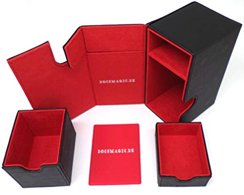 docsmagic.de Premium Magnetic Tray Box (80) Black/Red + Deck Divider - MTG PKM YGO - Caja Negra/Roja