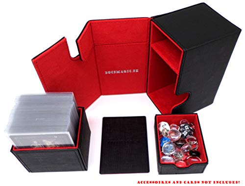 docsmagic.de Premium Magnetic Tray Box (80) Black/Red + Deck Divider - MTG PKM YGO - Caja Negra/Roja