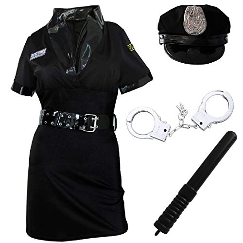 dPois Policia Disfraz Mujer Chica Disfraces Monitor Atractiva Vestido Policía Uniforme Erotico Sombrero Esposas Cinturon Spontoon Cosplay Halloween Fiesta Carnaval Traje de Club Negro One_Size