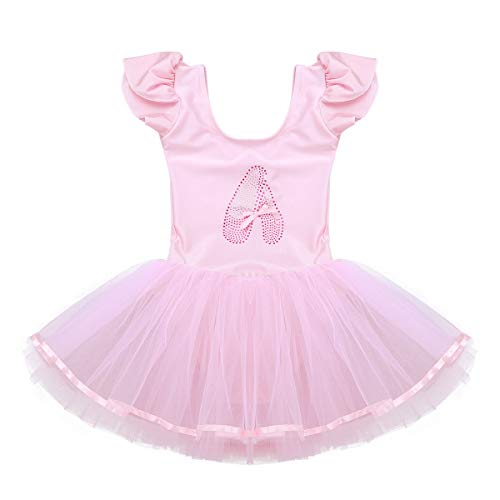 dPois Vestido de Danza Lentejuelas Niña Ropa de Ballet Maillot Leotardo con Falda Gimnasia Tutu de Fiesta Maillot Manga Corta para Niña Ballet Baile Disfraz Ballerina Bailarina Rosa A 3-4 años