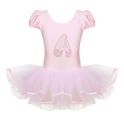 dPois Vestido de Danza Lentejuelas Niña Ropa de Ballet Maillot Leotardo con Falda Gimnasia Tutu de Fiesta Maillot Manga Corta para Niña Ballet Baile Disfraz Ballerina Bailarina Rosa A 3-4 años