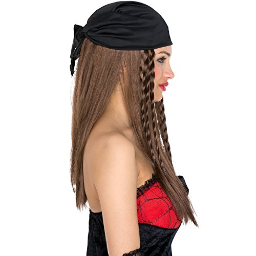 dressforfun Peluca de Novia Pirata para Mujer | Bonitas Rastas Negras y un Pañuelo