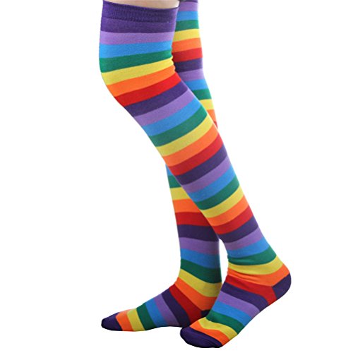 EDOTON Mujeres Raya Del Arco Iris Rodilla Muslo Calcetines Altos Knit Brazo Calentador Guantes sin Dedos Traje de Fiesta Accesorio