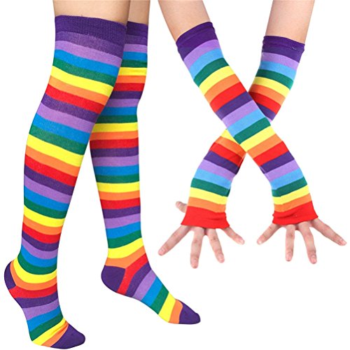 EDOTON Mujeres Raya Del Arco Iris Rodilla Muslo Calcetines Altos Knit Brazo Calentador Guantes sin Dedos Traje de Fiesta Accesorio