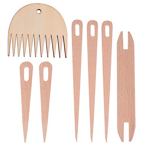 EXCEART Juego de Palos de Telar Manual de Madera de 7 Piezas El Juego de Palos de Telar de Madera Incluye Aguja de Ojos Grandes de Madera de 5 Piezas con Peine para Tejer de Madera Y