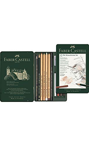 Faber-Castell 112975 - Estuche de metal Grafito Pitt con 12 piezas, monocrome