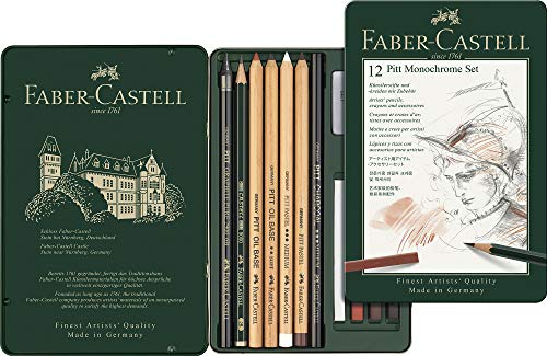 Faber-Castell 112975 - Estuche de metal Grafito Pitt con 12 piezas, monocrome