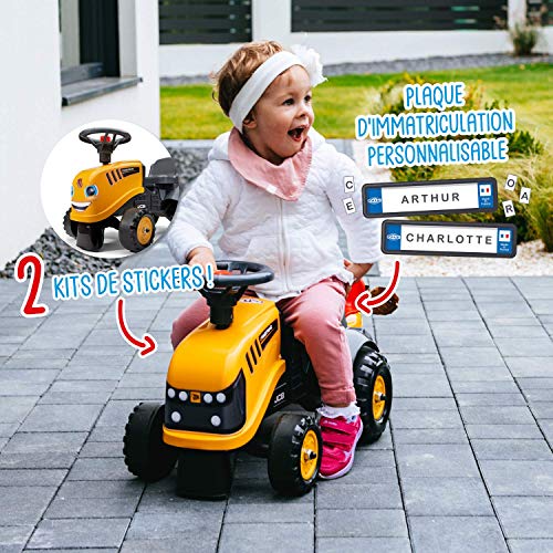 Falk – Portaobras JCB con Remolque – A Partir de 12 Meses – Fabricado en Francia – Pala y rastrillo incluidos, 2 Estilos de personalización, Placa de matrícula Personalizable – 215C