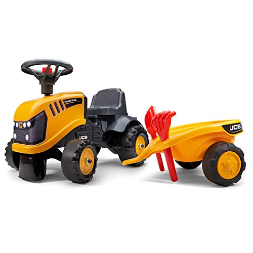 Falk – Portaobras JCB con Remolque – A Partir de 12 Meses – Fabricado en Francia – Pala y rastrillo incluidos, 2 Estilos de personalización, Placa de matrícula Personalizable – 215C