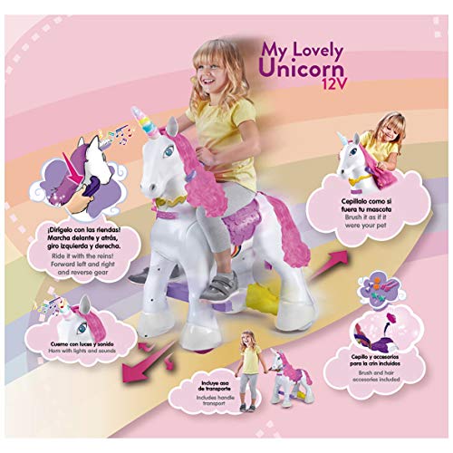 FEBER - My Lovely Unicorn con Melena Rosa, Mascota electrónica y vehículo de batería 12 V (Famosa 800011603)