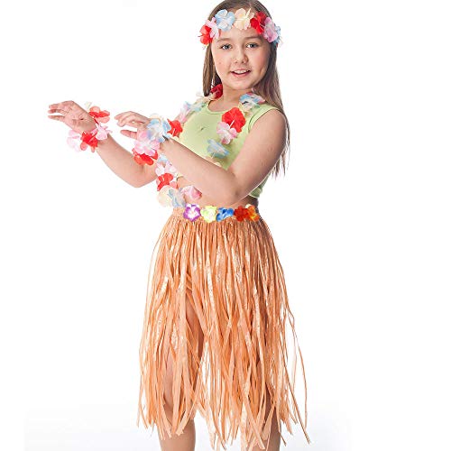 FEPITO 1 Conjunto Hawaiian Grass Hula Falda con Flor Leis Collar Diadema Pulseras Vestido Conjunto de Disfraces para Niñas Mujer Luau Hawai Dance Falda Favores de Fiesta