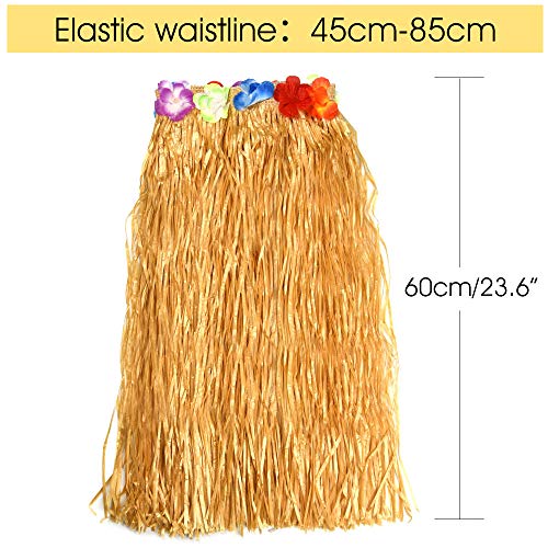 FEPITO 1 Conjunto Hawaiian Grass Hula Falda con Flor Leis Collar Diadema Pulseras Vestido Conjunto de Disfraces para Niñas Mujer Luau Hawai Dance Falda Favores de Fiesta