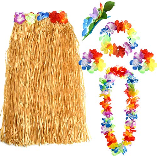 FEPITO 1 Conjunto Hawaiian Grass Hula Falda con Flor Leis Collar Diadema Pulseras Vestido Conjunto de Disfraces para Niñas Mujer Luau Hawai Dance Falda Favores de Fiesta