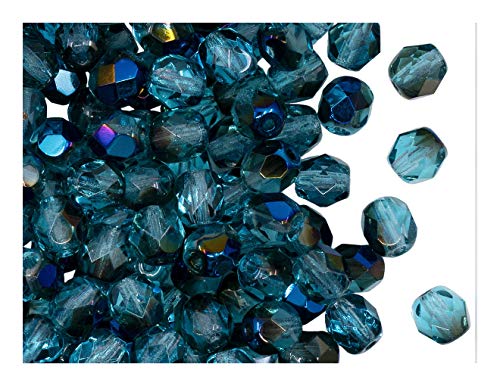 Fire-Polished Beads, 6 mm, 50 piezas, cuentas redondas checas de vidrio facetado, pulido al fuego, Aquamarine Azuro (light blue transparent, half blue metallic rainbow)