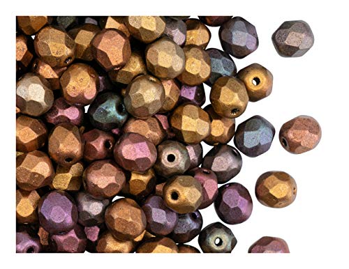 Fire-Polished Beads, 6 mm, 50 piezas, cuentas redondas checas de vidrio facetado, pulido al fuego, Crystal/Silky Orange-Violet Rainbow (Bronze Iris Metallic Matte)
