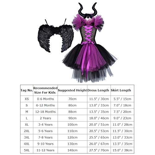 FYMNSI Disfraz de Niña Maléfica Reina Malvada Maleficent Halloween Costume Tutu Vestido de Bruja con Diadema de Cuernos Alas de Angel Conjunto Carnaval Fiesta de Cosplay Disfraces 5-6 Años