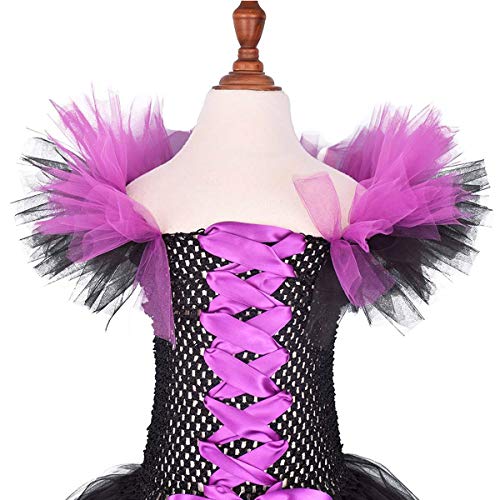 FYMNSI Disfraz de Niña Maléfica Reina Malvada Maleficent Halloween Costume Tutu Vestido de Bruja con Diadema de Cuernos Alas de Angel Conjunto Carnaval Fiesta de Cosplay Disfraces 7-8 Años