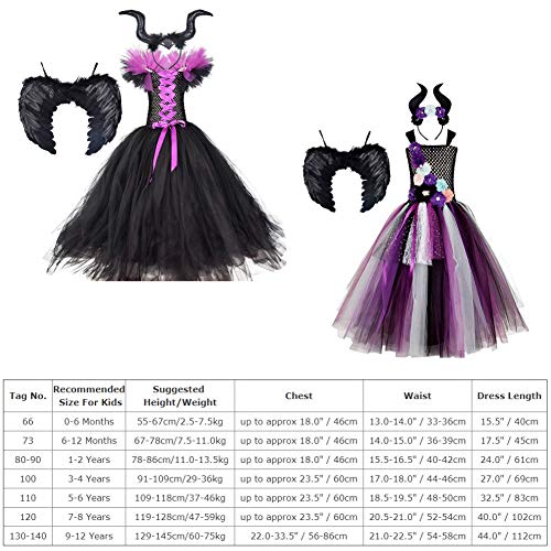 FYMNSI Disfraz de Niña Maléfica Reina Malvada Maleficent Halloween Costume Tutu Vestido de Bruja con Diadema de Cuernos Alas de Angel Conjunto Carnaval Fiesta de Cosplay Disfraces 7-8 Años