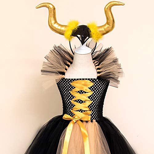 FYMNSI Disfraz de Niña Maléfica Reina Malvada Maleficent Halloween Costume Tutu Vestido de Bruja con Diadema de Cuernos Alas de Angel Conjunto Carnaval Fiesta de Cosplay Disfraces Dorado 2-3 años