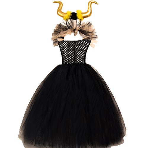 FYMNSI Disfraz de Niña Maléfica Reina Malvada Maleficent Halloween Costume Tutu Vestido de Bruja con Diadema de Cuernos Alas de Angel Conjunto Carnaval Fiesta de Cosplay Disfraces Dorado 2-3 años