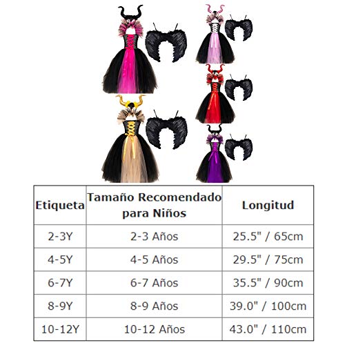 FYMNSI Disfraz de Niña Maléfica Reina Malvada Maleficent Halloween Costume Tutu Vestido de Bruja con Diadema de Cuernos Alas de Angel Conjunto Carnaval Fiesta de Cosplay Disfraces Dorado 2-3 años