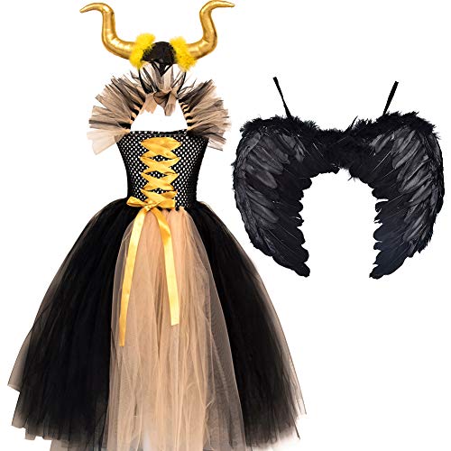 FYMNSI Disfraz de Niña Maléfica Reina Malvada Maleficent Halloween Costume Tutu Vestido de Bruja con Diadema de Cuernos Alas de Angel Conjunto Carnaval Fiesta de Cosplay Disfraces Dorado 2-3 años