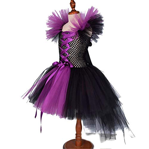 FYMNSI Disfraz de Niña Maléfica Reina Malvada Maleficent Halloween Costume Tutu Vestido de Bruja con Diadema de Cuernos Alas de Angel Conjunto Carnaval Fiesta de Cosplay Disfraces 5-6 Años