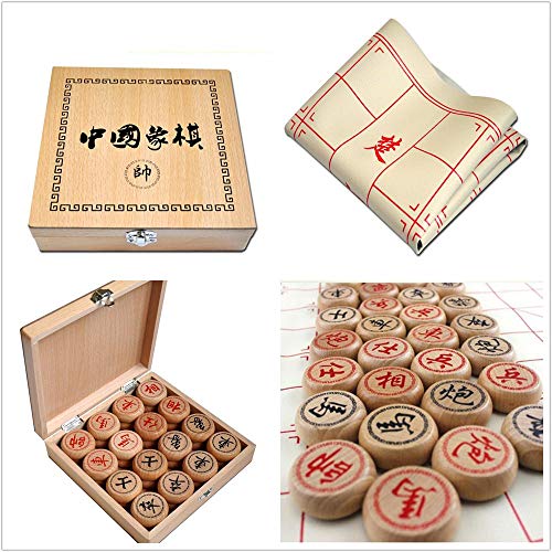 Gobus Juego de ajedrez Chino Set de ajedrez de Haya Xiangqi, tamaño de ajedrez: 4 cm de diámetro ( Caja de Madera y Tablero de ajedrez de Cuero )