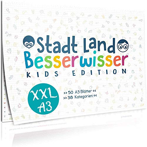 GOODS+GADGETS Ciudad, país, Besserwisser Kids Junior Edition para niños – el clásico juego urbano Land Fluss en la edición XXL con 38 categorías