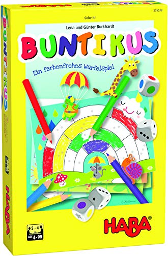 HABA 305538 Buntikus, souvención a Partir de 4 años, para 2 – 4 Jugadores, duración 10 Minutos, Dados y Juego de Pintura en uno, Idea de Regalo para Llevar, Jugar y Pintar