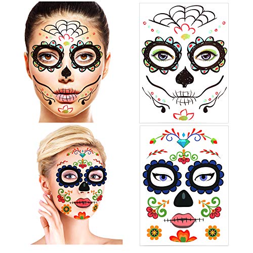 halloween tatuajes temporales de cara (8 hojas), halloween mascarada Día de los Muertos esqueleto cráneo cara completa tatuajes de maquillaje para mujeres Hombres adultos Niños Halloween Prop cosplay