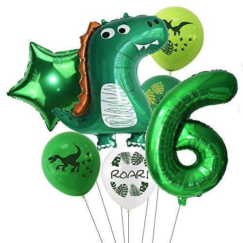 Haosell Globo de dinosaurios grandes 6 años, decoración para cumpleaños infantil, diseño de dinosaurios verdes – 1 globo XXL Dino + número 6 globos + 1 globo de estrella + 4 globos de dinosaurios