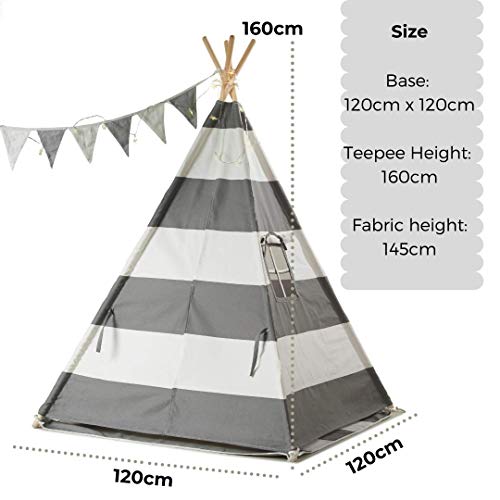 Haus Projekt Tienda Tipi para niños con Luces de Hadas, empavesado y Base Impermeable incluida - Tienda para Jugar e Imaginar, 100% algodón, para Interior / Exterior (Rayas Grises)