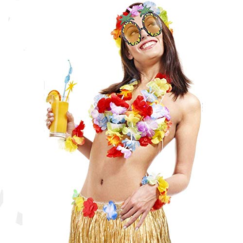 Hawaiana Falda,Falda de Hierba Hula Hawaiana 8 Piezas Hawaiana Disfraces Falda con Collar Pulsera Diadema Sujetador de Flor Clip de Pelo y Gafas de Sol de Piña para Niñas Mujeres Luau Beach Party