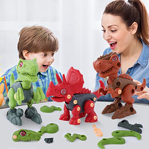 Herefun Dinosaurios Juguetes con Taladro, 3 Piezas Construccion Juguete de Montaje de Dinosaurios Juego Construccion Puzzle Tiranosaurio Rex, Velociraptor, Triceratops Regalo para Niños y Niñas 3 Años