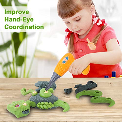 Herefun Dinosaurios Juguetes con Taladro, 3 Piezas Construccion Juguete de Montaje de Dinosaurios Juego Construccion Puzzle Tiranosaurio Rex, Velociraptor, Triceratops Regalo para Niños y Niñas 3 Años