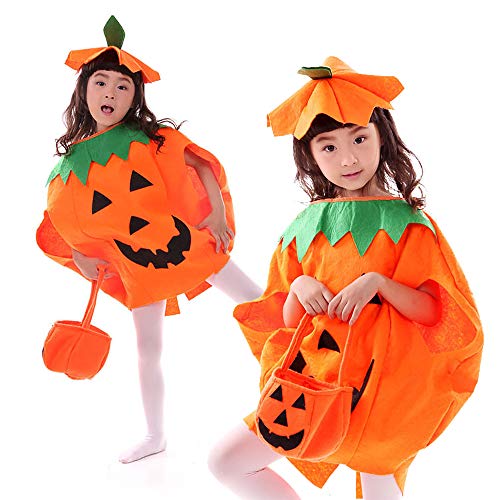 Homo Trends - Disfraz de calabaza de 57 cm de largo para niños ideal para Halloween, 1 juego de 3 piezas (ropa, sombrero y bolso de calabaza)