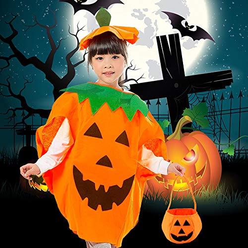 Homo Trends - Disfraz de calabaza de 57 cm de largo para niños ideal para Halloween, 1 juego de 3 piezas (ropa, sombrero y bolso de calabaza)