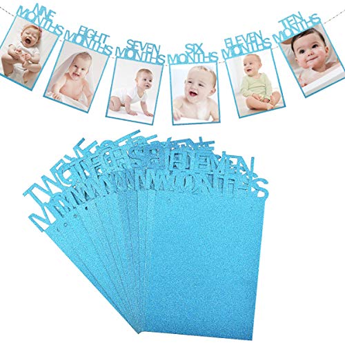 HQdeal 1er Banner de Foto de Cumpleaños,0-12 Mes Bebé Primer año Marco Foto Bunting Banner Guirnalda, Marcos de Fotos de Papel Kraft para Baby Shower, Bautismo, Bautizo (azul)