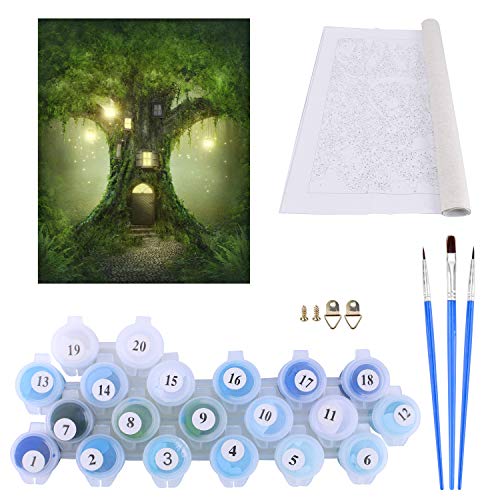 I-WILL Pintar por Numeros Adultos Niños Principiantes para DIY Pintura por Números Pint con 3 Pinceles y Pinturas Acrílica Decoraciones Kit para el Hogar 40 X 50cm - Casa del árbol