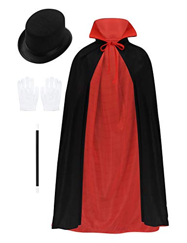 inlzdz Disfraz de Mago para niños con Accesorios Capa de Mago Usada en 2 Lados Gorro Mago Varita Mago Guantes Mago Disfraz de rol para Carnaval Halloween Fiesta Negro&Rojo Talla Única