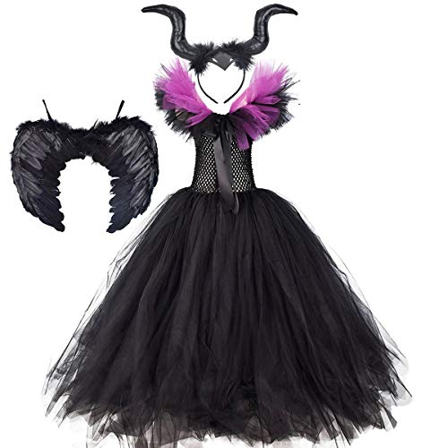 IWEMEK Disfraz de Malefica Niñas Reina Malvada Bruja Maleficent Costume Tutu Vestido con Diadema de Cuernos Alas de Angel Halloween Fancy Dress Cosplay Fiesta Carnaval Disfraces 01 5-6 Años