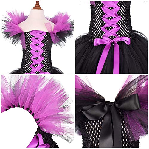 IWEMEK Disfraz de Malefica Niñas Reina Malvada Bruja Maleficent Costume Tutu Vestido con Diadema de Cuernos Alas de Angel Halloween Fancy Dress Cosplay Fiesta Carnaval Disfraces 01 5-6 Años