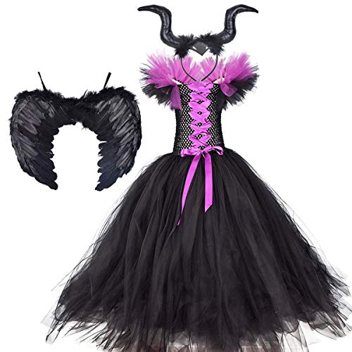 IWEMEK Disfraz de Malefica Niñas Reina Malvada Bruja Maleficent Costume Tutu Vestido con Diadema de Cuernos Alas de Angel Halloween Fancy Dress Cosplay Fiesta Carnaval Disfraces 01 5-6 Años