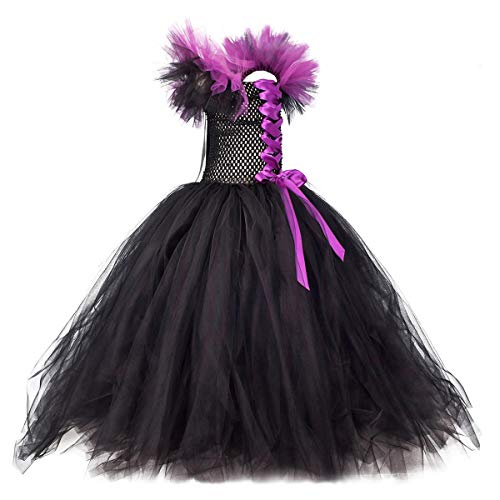 IWEMEK Disfraz de Malefica Niñas Reina Malvada Bruja Maleficent Costume Tutu Vestido con Diadema de Cuernos Alas de Angel Halloween Fancy Dress Cosplay Fiesta Carnaval Disfraces 01 3-4 Años